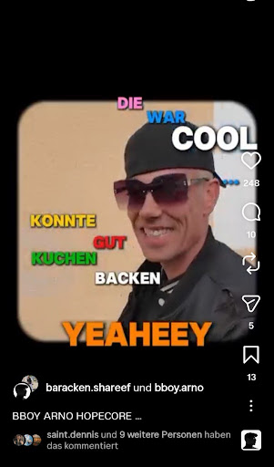 Ausgewählter Video Content mit BBOY ARNO in schwarzer Kappe und Sonnenbrille vor farbigen Texteinblendungen