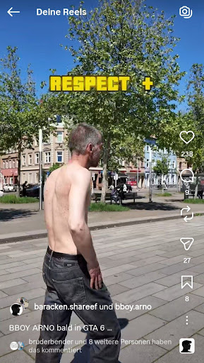 Video Content als Instagram Reel mit einem Mann im Stadtpark und gelbem „Respect+“-Schriftzug