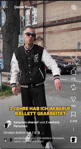 Video Content als Instagram Reel mit einem Darsteller in Collegejacke und eingeblendeter Ballett-Aussage